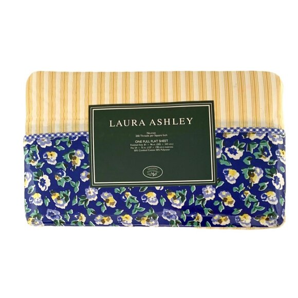 Laura Ashley Full Flat Sheet Floral Gingham Blue Yellow Charming Vintage Bedding